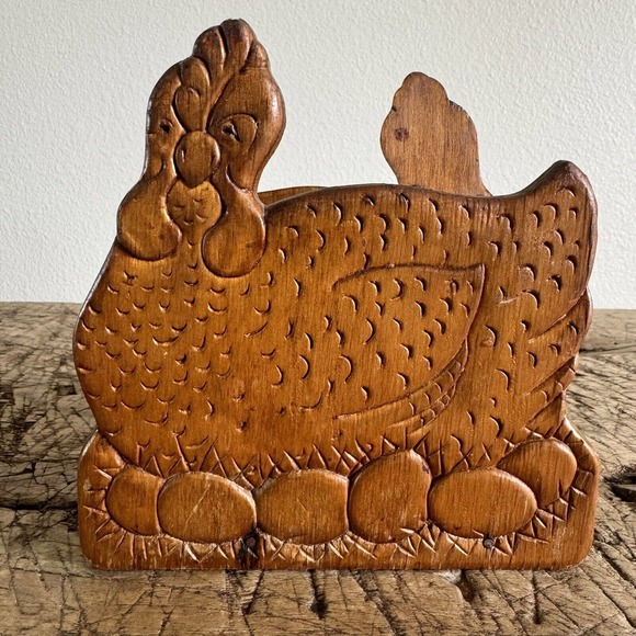 Vintage Hen Laying Eggs Wood Carved Napkin Holder Farmhouse Country Cottage - Picture 2 of 6